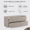 A marketing image for a washbasin cabinet, showing its features and dimensions. Produktbild-Vorschau