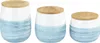 Three ceramic storage jars with wooden lids, arranged in a row against a white background. Produktbild-Vorschau