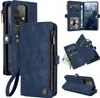 A collage of images showing a blue wallet-style phone case for a Samsung Galaxy A52 series phone, with various angles and features displayed. Produktbild-Vorschau