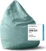 A turquoise beanbag chair is shown against a white background, with a review badge overlayed on the right side. Produktbild-Vorschau