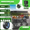 A folding wagon with a canopy, loaded with items and a dog, set against an outdoor background with text overlays highlighting features. Produktbild-Vorschau
