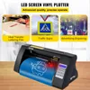 A vinyl plotter machine with a roll of blue vinyl with a cow design on it, and three smaller images above showing applications of vinyl plotters. Produktbild-Vorschau