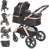 A collage of images showing a black and rose gold stroller from different angles, including a close-up of the main stroller and smaller inset images of the stroller in different configurations and a separate accessory bag. Produktbild-Vorschau