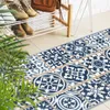A hallway runner rug with a blue and white tile pattern is shown in front of a shoe rack with shoes and a bag. Produktbild-Vorschau