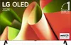 A marketing image for an LG OLED TV, showcasing abstract colorful fabric-like shapes. Produktbild-Vorschau