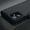 A close-up shot of a black leather iPhone case with red stitching, showing the camera cutout. Produktbild-Vorschau