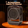 A compact heater sits on a wooden table at night, with a blurred background of lights and foliage. Produktbild-Vorschau