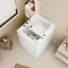 A white walk-in bathtub is shown in a bathroom setting, with a window and a small wooden stool nearby. Produktbild-Vorschau