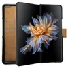 A book-style phone case is shown open, displaying the inside card slots and the phone screen with a floral image. Náhled obrázku produktu