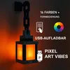 A pixel art-style lantern light with text overlays describing its features. Produktbild-Vorschau