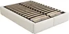 A white upholstered bed frame with a wooden slatted base, shown from a diagonal angle against a white background. Produktbild-Vorschau