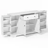 A white sideboard with its doors and drawer open, showcasing its interior shelves and compartments, set against a plain white background. Náhľad obrázku produktu