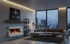 A modern living room with a fireplace, sofa, and large window overlooking a city skyline at dusk. Anteprima dell’immagine prodotto