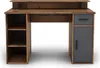 A product shot of a desk with a wood-like finish and gray drawer and cabinet. Produktbild-Vorschau