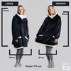 Two women are shown wearing oversized hoodies, with measurements indicating different sizes. Produktbild-Vorschau