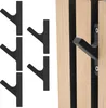 A set of black coat hooks on a white background, with a detail of one hook attached to a slatted wooden panel. Produktbild-Vorschau