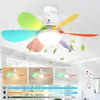 A ceiling fan with multi-colored blades and a light is shown from below, with inset images demonstrating different lighting and fan speeds, and a remote control. Náhled obrázku produktu