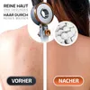 A split image showing a person's back before and after using a shower head filter. The left side shows skin with blemishes, and the right side shows clear skin. A shower head and filter balls are also visible. Produktbild-Vorschau