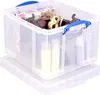 A transparent storage box with a blue lid and handle, filled with various items, placed on top of another identical box. Voir les images du produit
