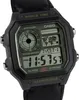 A close-up, studio shot of a black Casio digital watch with a green face and a black leather strap, against a white background. Produktbild-Vorschau
