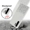 A glitter phone case is shown on a cracked concrete surface, with a circular inset highlighting its shockproof feature. Produktbild-Vorschau
