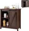 A dark brown wooden cabinet with sliding barn doors, displaying kitchen items on shelves and on top. Podgląd zdjęcia produktu