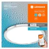 A product image for a smart LED bathroom ceiling light, featuring a close-up of the light fixture against a background of water droplets, with marketing text and icons. Produktbild-Vorschau