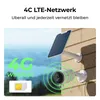 A security camera with a solar panel mounted on a wall, with graphics indicating 4G connectivity and a SIM card. Produktbild-Vorschau