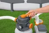 A hand is shown adjusting the lever on a pool filter pump next to an above-ground swimming pool. Produktbild-Vorschau