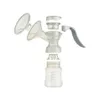 An exploded view of a manual breast pump and its components, including the flange, valve, handle, and bottle, arranged against a white background. Produktbild-Vorschau