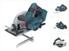 A Bosch circular saw is shown from a slightly elevated, diagonal angle against a white background. The saw is teal and gray with black and red accents. Multiple smaller images of the saw are arranged to the right of the main image. Anteprima dell’immagine prodotto