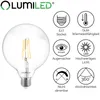A clear product shot of a vintage-style LED light bulb with accompanying feature icons and text. Produktbild-Vorschau