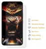A screen protector is shown on a smartphone with a graphic image displayed on the screen. To the right of the phone are icons and text describing the features of the screen protector. Produktbild-Vorschau