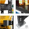 Collage of four close-up images showcasing different features of a black metal shelving unit, including its assembly system, metal shelves with bottles, wall mounting option, and base stability. Produktbild-Vorschau