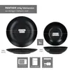 A set of black matte stoneware plates and bowls, with dimensions and usage icons. Podgląd zdjęcia produktu