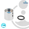 A product shot of a faucet aerator and a rubber O-ring, with brand logo and graphic elements. Produktbild-Vorschau