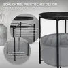 Close-up view of a round side table with a removable tray and a fabric storage basket, with text overlays highlighting its features. Náhled obrázku produktu