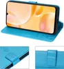 A collage of images showing a blue flip phone case with a phone inside, and close-ups of the case's details. Produktbild-Vorschau