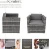 Two rattan armchairs with grey cushions, accompanied by close-up shots of the upholstery and material, and text highlighting comfort and quality. Produktbild-Vorschau
