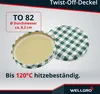 A close-up marketing image of a twist-off lid for a jar, featuring a green checkered pattern and text indicating its specifications and heat resistance. Produktbild-Vorschau