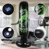 An inflatable punching bag with a dinosaur design, shown with callouts highlighting its features. Produktbild-Vorschau