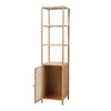 A tall, narrow, freestanding bamboo shelf unit with one lower cabinet. The cabinet door is open, revealing the interior. Voir les images du produit