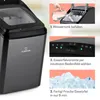 Collage showing the steps to operate an ice maker, including filling the water tank, selecting ice cube size, and the final product of ice cubes. Produktbild-Vorschau