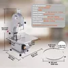 A VEVOR band saw machine with a diagram showing its dimensions and specifications, along with a separate image of a saw blade. Náhled obrázku produktu