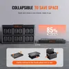 Collapsible storage boxes shown in various states of use and storage, with marketing text and graphics. Podgląd zdjęcia produktu