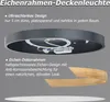 A close-up view of a modern ceiling light with a gray outer frame and a wood-like decorative element, accompanied by descriptive text. Produktbild-Vorschau