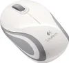 A white and gray Logitech M187 cordless mini mouse is shown from a slightly elevated angle against a white background. Podgląd zdjęcia produktu