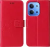 A red flip phone case with floral embossing is shown open, revealing the inside and the phone it is designed to hold. Produktbild-Vorschau