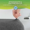 A hand is stretching a dark gray fabric, likely a fitted sheet, with text and an icon overlayed on a green and white gradient background. Produktbild-Vorschau