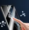 A close-up of a smartphone screen protector with a finger touching it, surrounded by molecular graphics. Produktbild-Vorschau